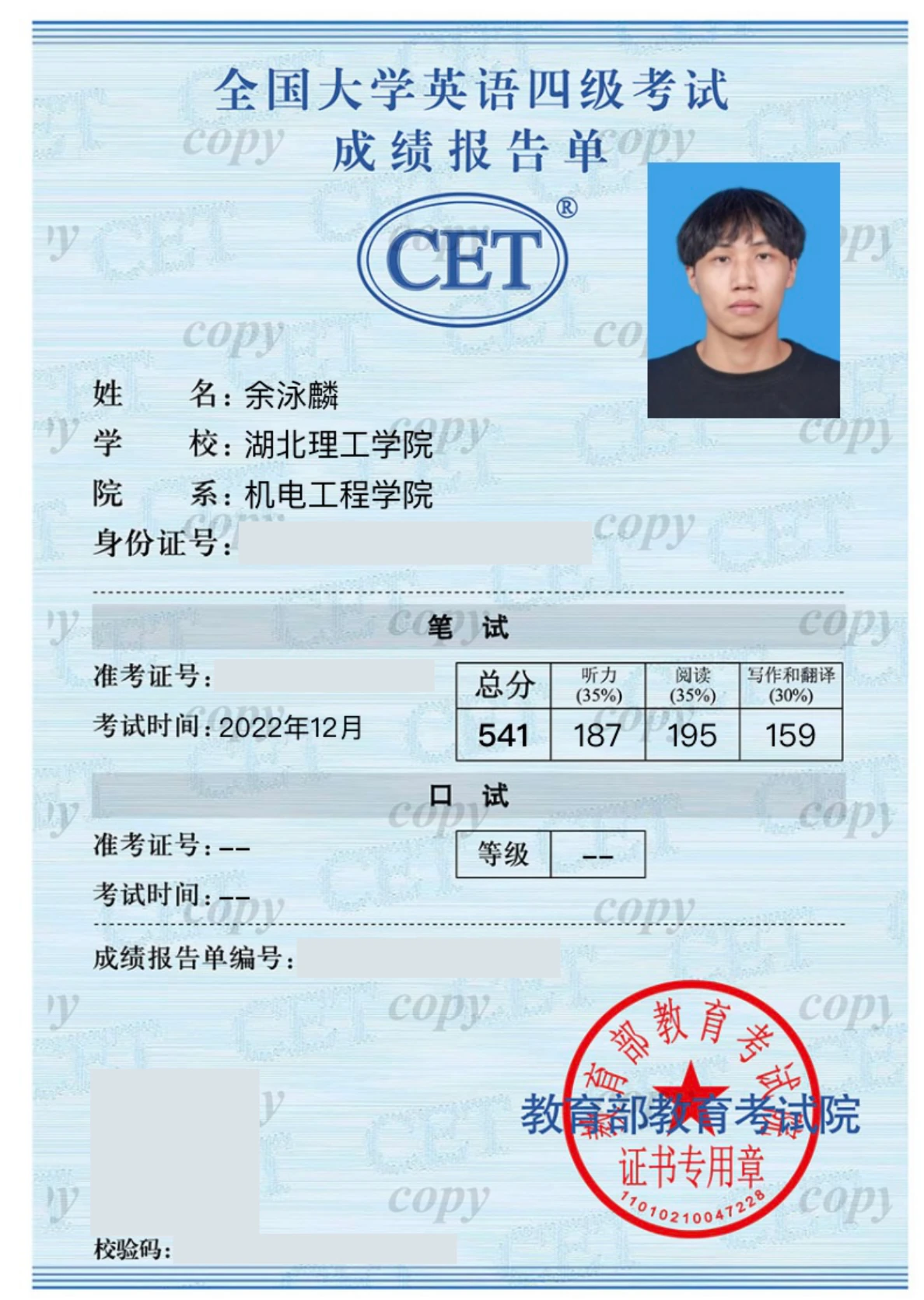 英语四级成绩报告，541 分，证件号码已遮盖